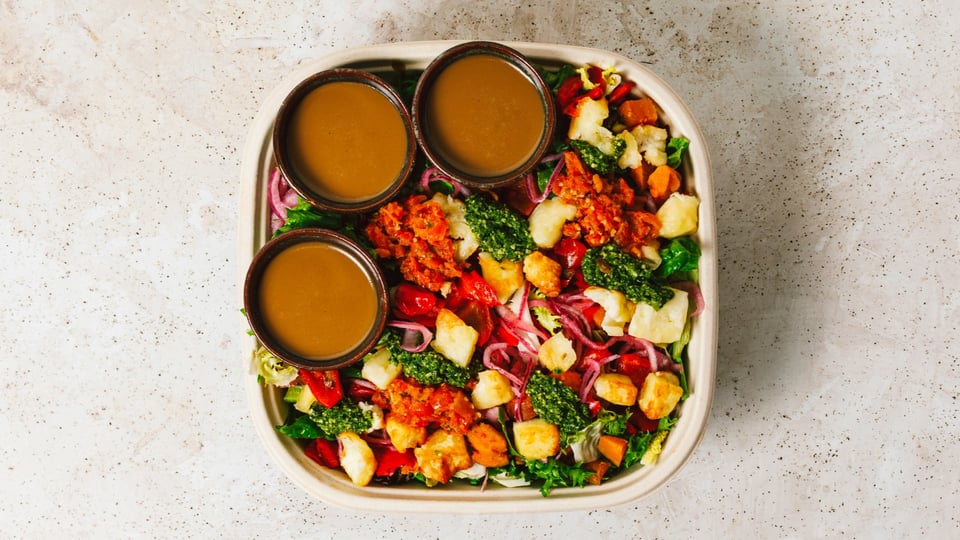 Halloumi and pesto grain bowl